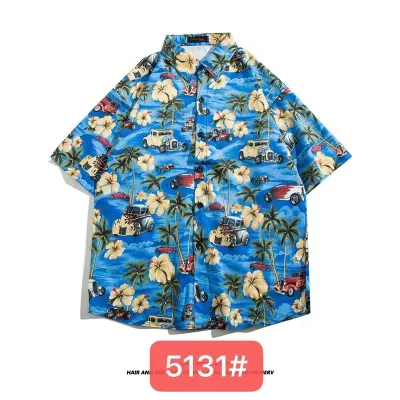 Men Fashion Casual Printed Lapel Short-Sleeve Loose Shirt