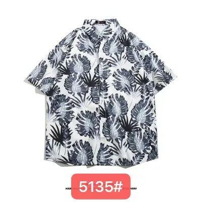 Men Fashion Casual Printed Lapel Short-Sleeve Loose Shirt
