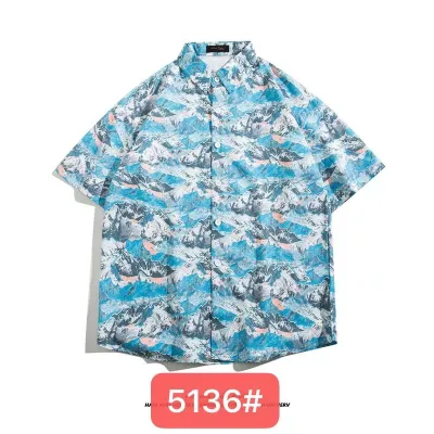 Men Fashion Casual Printed Lapel Short-Sleeve Loose Shirt