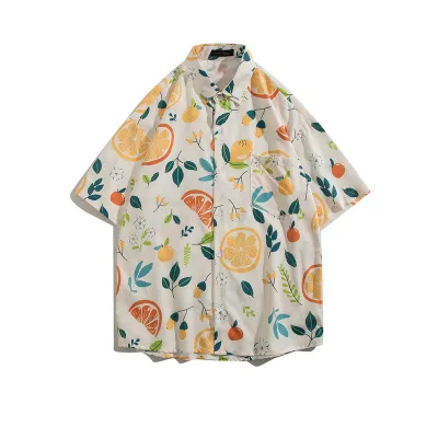 Men Fashion Casual Print Lapel Short Sleeve Loose Shirt