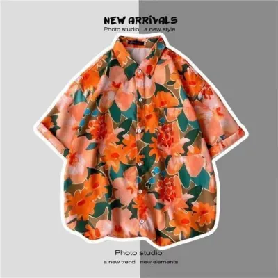 Men Fashion Casual Printed Short-Sleeve Shirt with Silk Feel