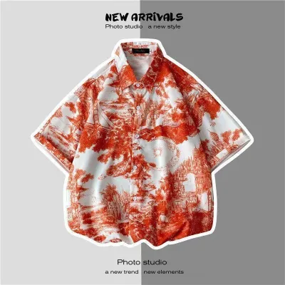 Men Fashion Casual Printed Short-Sleeve Shirt with Silk Feel