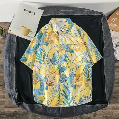 Men Fashion Casual Printed Short-Sleeve Shirt with Silk Feel
