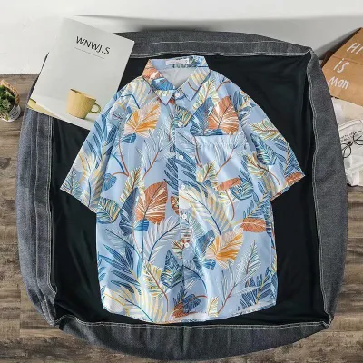 Men Fashion Casual Printed Short-Sleeve Shirt with Silk Feel