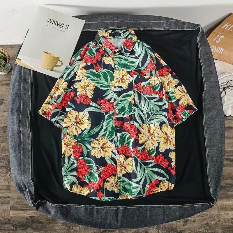 Men Fashion Casual Printed Short-Sleeve Shirt with Silk Feel