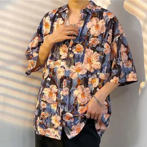 Men Fashion Casual Printed Lapel Short-Sleeve Shirt