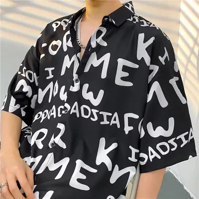 Men Fashion Casual Printed Lapel Short-Sleeve Shirt