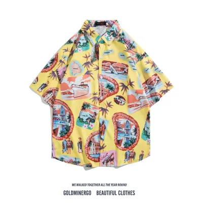 Men Fashion Casual Printed Lapel Short-Sleeve Shirt