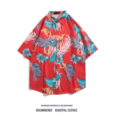 Men Fashion Casual Printed Lapel Short-Sleeve Shirt