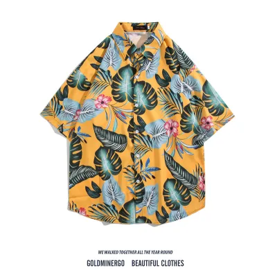 Men Fashion Casual Printed Lapel Short-Sleeve Shirt