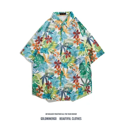 Men Fashion Casual Printed Lapel Short-Sleeve Shirt