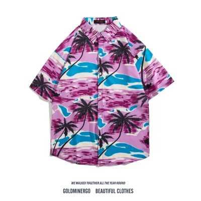 Men Fashion Casual Printed Lapel Short-Sleeve Shirt
