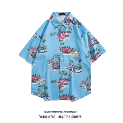 Men Fashion Casual Printed Lapel Short-Sleeve Shirt