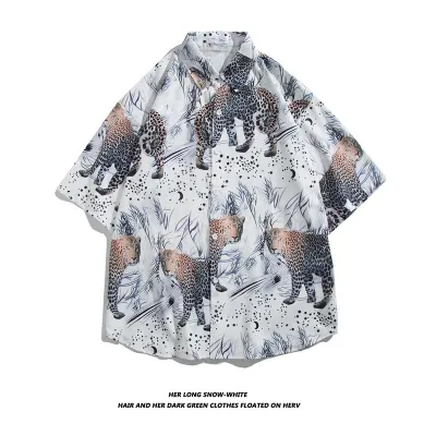 Men Fashion Casual Printed Lapel Short-Sleeve Shirt