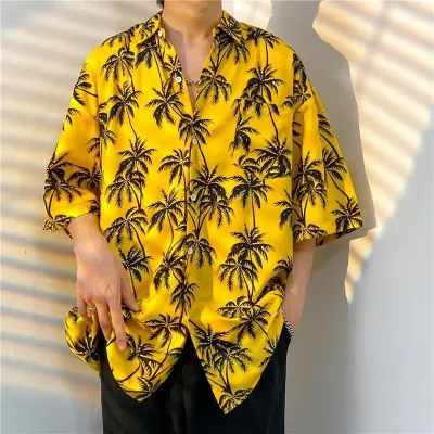 Men Fashion Casual Printed Lapel Short-Sleeve Shirt