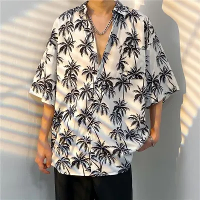 Men Fashion Casual Printed Lapel Short-Sleeve Shirt