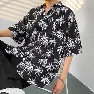Men Fashion Casual Printed Lapel Short-Sleeve Shirt