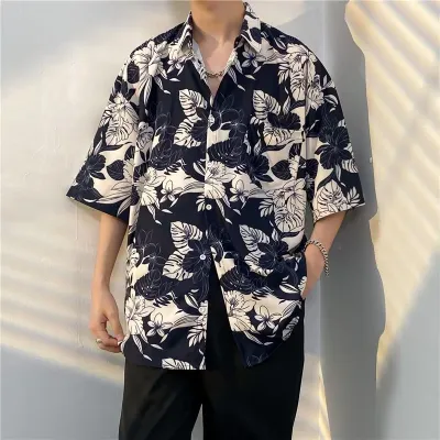 Men Fashion Casual Printed Lapel Short-Sleeve Shirt
