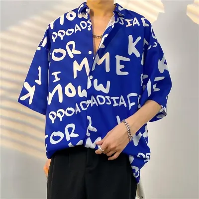 Men Fashion Casual Printed Lapel Short-Sleeve Shirt
