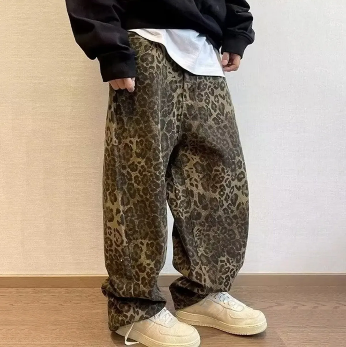 Men's Fashion Casual Loose Leopard Print Wide Leg Straight Jeans