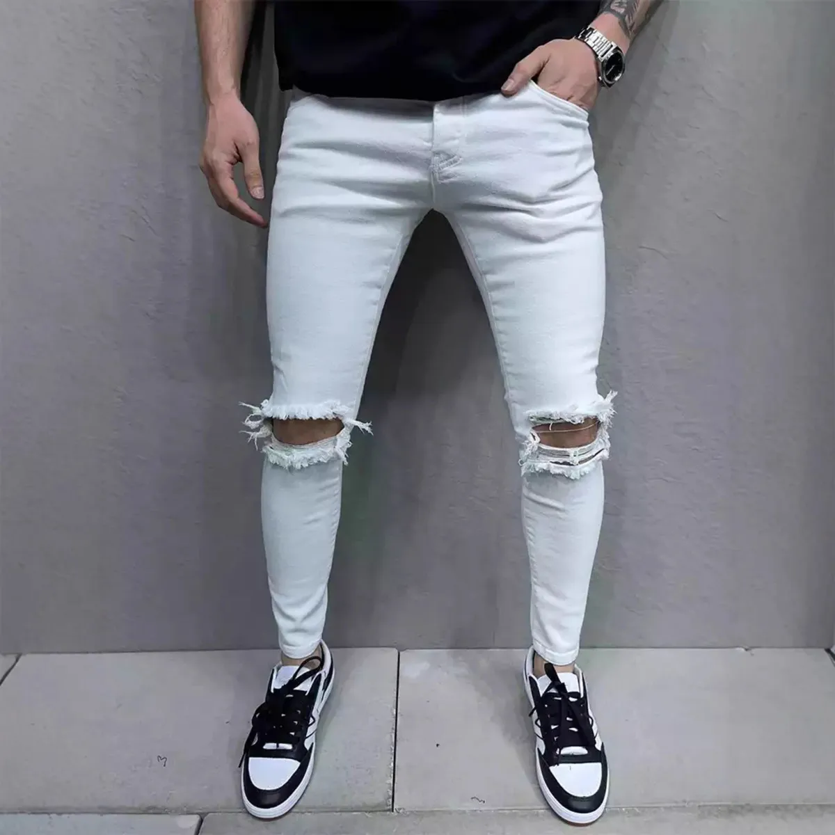 Men's Fashion Casual Solid Color Tight Ripped Jeans