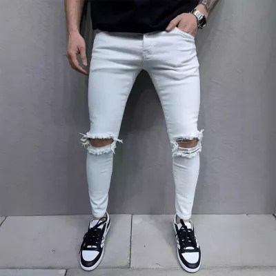 Men's Fashion Casual Solid Color Tight Ripped Jeans