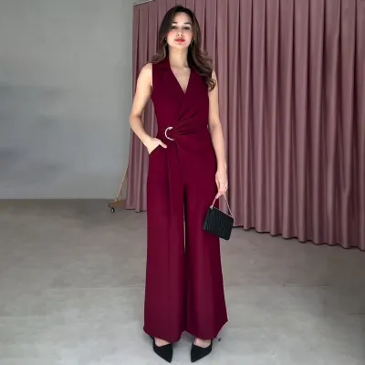 Women Fashion Sexy Solid Color V-Neck Sleeveless Strap Slim-Fit Jumpsuits