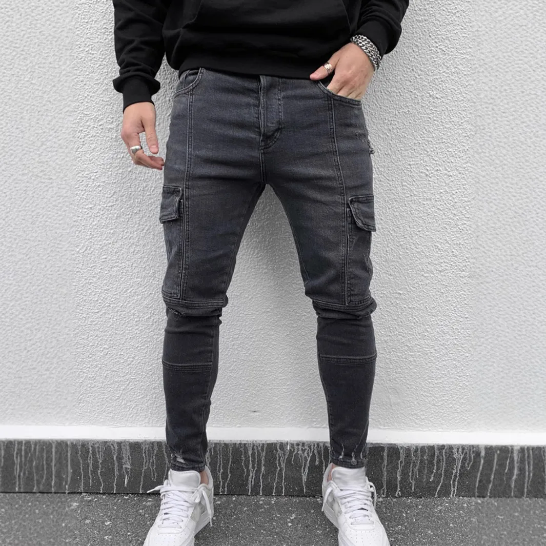 Men's Fashion Casual Stretch Skinny Jeans with Pockets Mid-Waist
