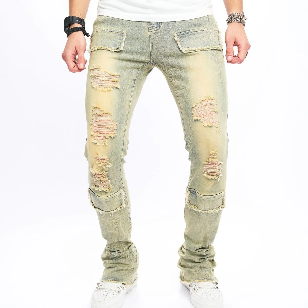 Men Fashion Vintage Washed Ripped Edge Slim-Fit Stretch Pants