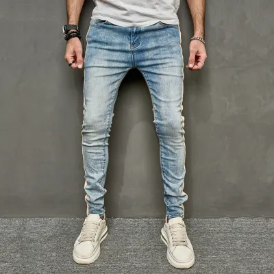 Men's Fashion Casual Stretch Slim Fit Skinny Jeans Long Mid-Waist Cotton Denim