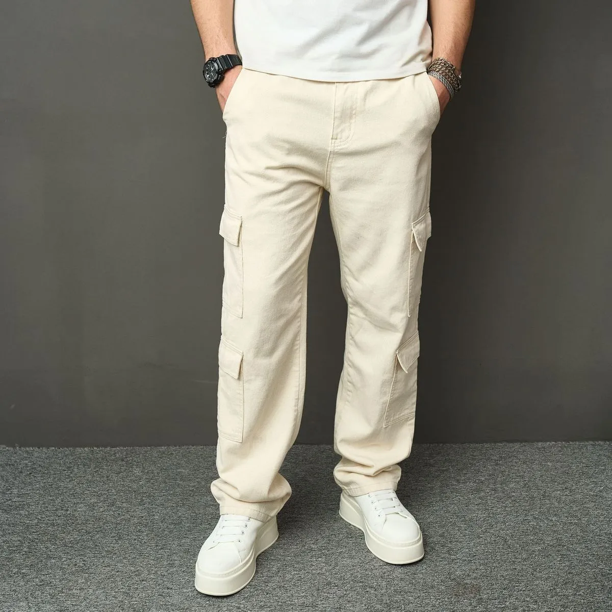 Men's Fashion Straight-Leg Loose Cargo Pants Mid-Waist Cotton