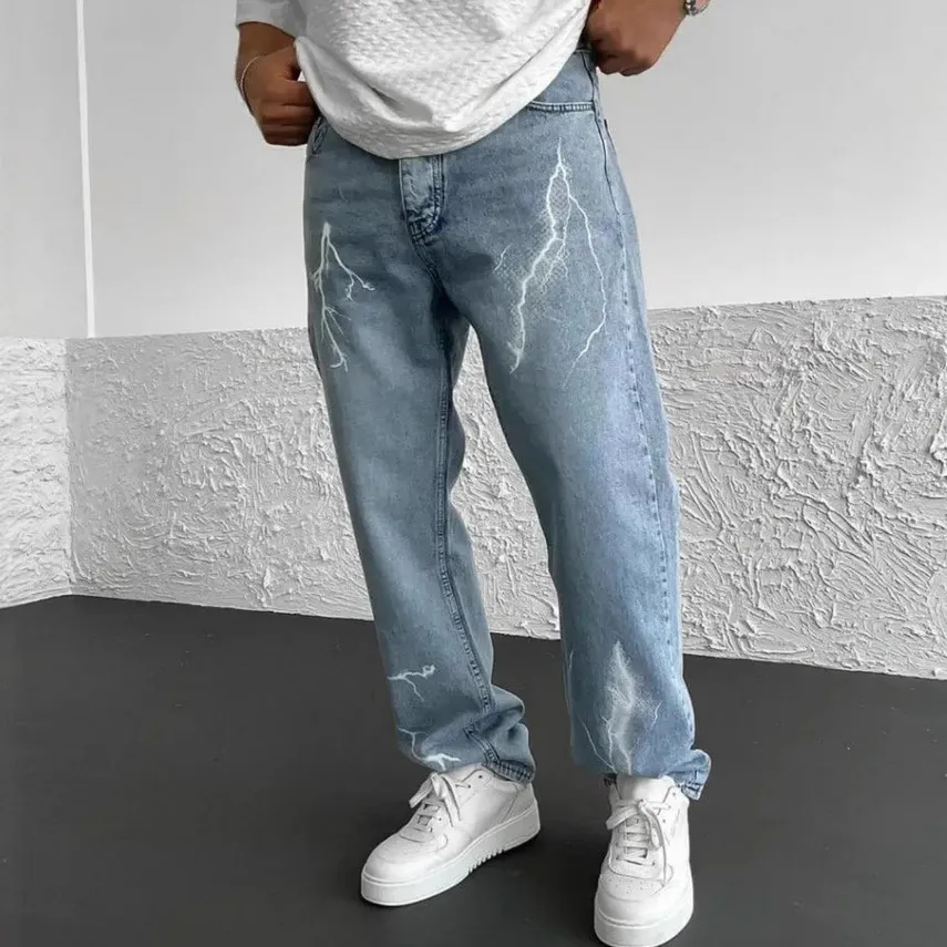 Men's Fashion Casual Letter Embroidered Slim-Fit Straight Leg Denim Jeans