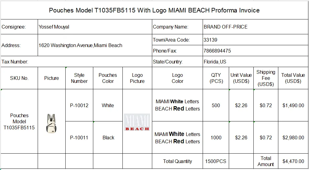 Pouches Model T1035FB5115 With Logo MIAMI BEACH