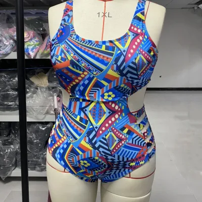 Women Plus Size Sexy Printed Hollow-Out One-Piece Swimsuit