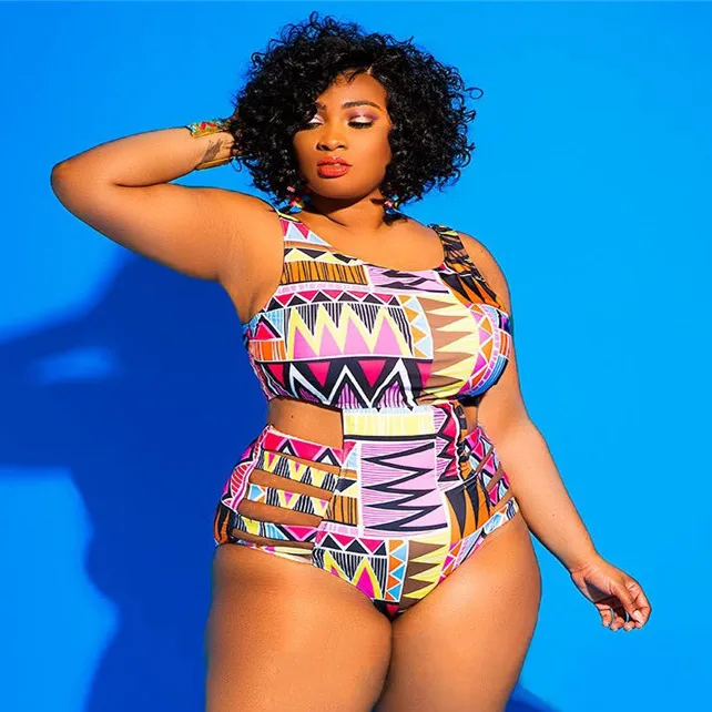 Women Plus Size Sexy Printed Hollow-Out One-Piece Swimsuit