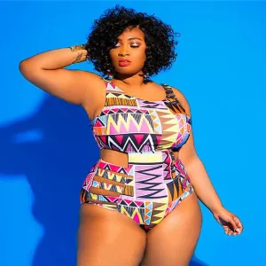 Women Plus Size Sexy Printed Hollow-Out One-Piece Swimsuit