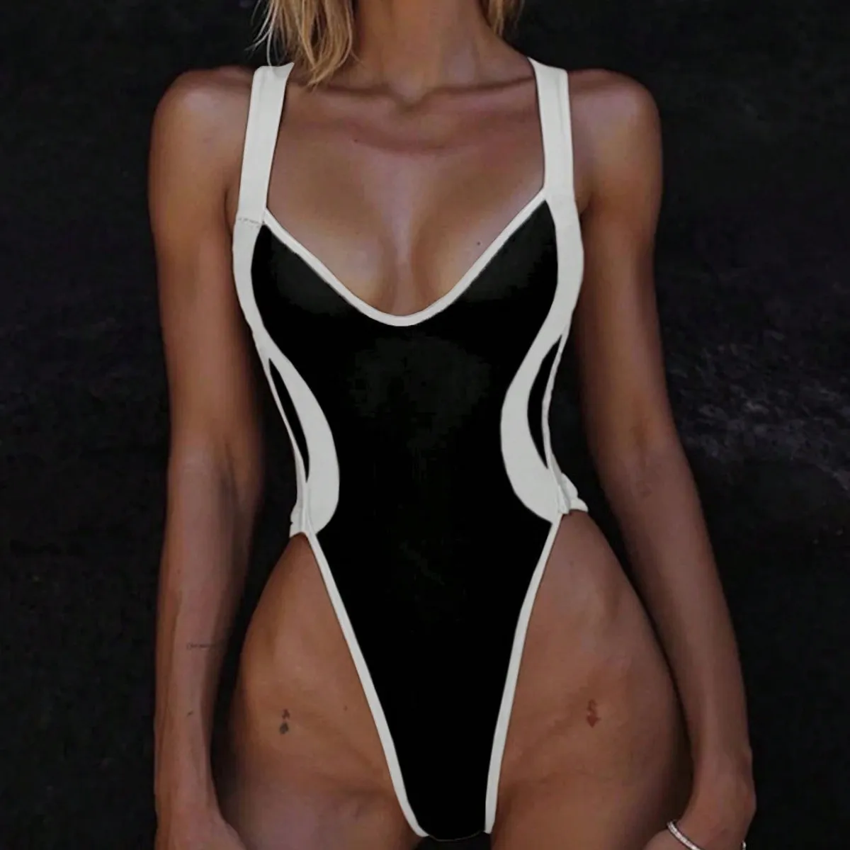 Women Fashion Sexy Contrast Color One-Piece Swimsuit