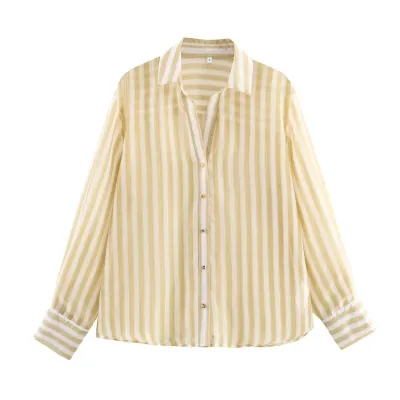 Women Casual Stripe Lapel Long-Sleeve Loose Blouse