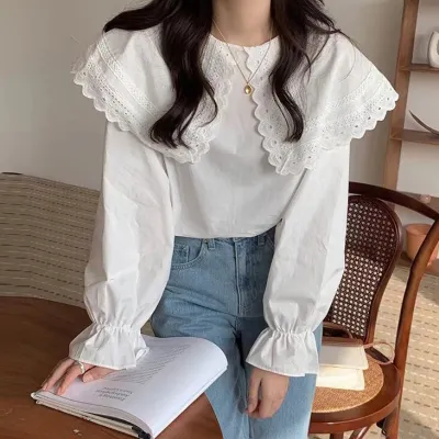 Women Elegant Solid Color Lace Embroidered Lapel Blouse Cardigan