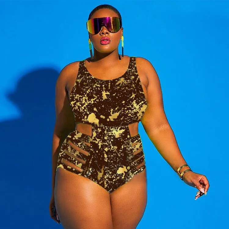 Women Plus Size Sexy Graffiti Printed Hollow-Out One-Piece Swimsuit