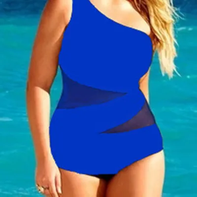 Women Plus Size Sexy Solid Color Slanted Shoulder One-Piece Swimsuit