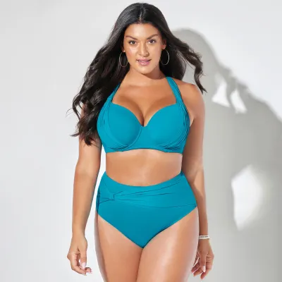 Women Plus Size Sexy Solid Color Tankini Bright Swimsuit