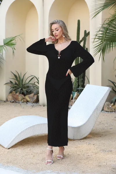 Women Fashion Sexy Solid Color Hollow Long Sleeve Beach Cover-Up