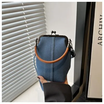 Women Fashion Casual Denim Clip Bucket Handbag Medium Soft