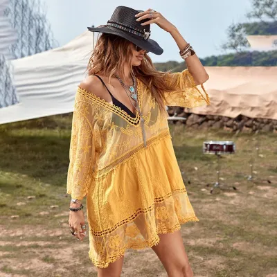 Women Sexy Lace Embroidered V-Neck Long-Sleeve Loose Beach Cover-Up