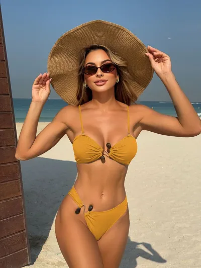 Women Fashion Sexy Solid Color Hollow Beads Bikini Swimsuit