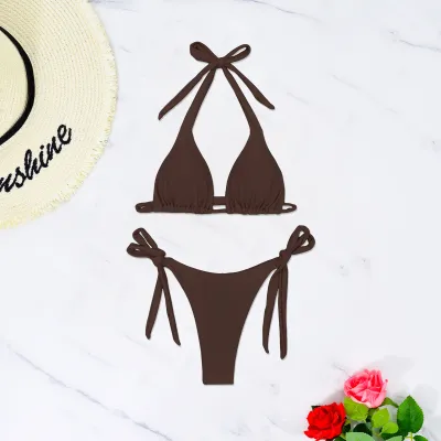 Women's Sexy Halter-Neck Lace-Up Bikini Swimsuit in Solid Color