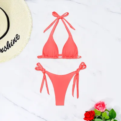 Women's Sexy Halter-Neck Lace-Up Bikini Swimsuit in Solid Color