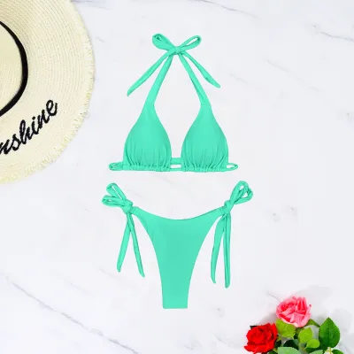 Women's Sexy Halter-Neck Lace-Up Bikini Swimsuit in Solid Color