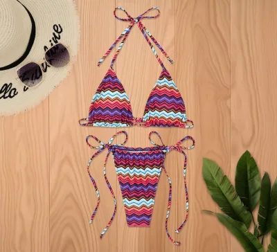 Women Fashion Sexy Floral Printed Halter-Neck Lace-Up Bikini Swimsuit